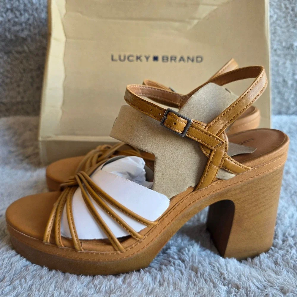 NEW Lucky Brand Cognac Leather Platform Block Heel Ankle Strap Sandals 9.5‎